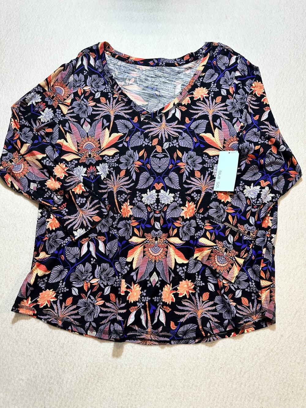 Blue Sol 1X Floral Long Sleeve V-Neck Top Black Orange Purple Boho NWT